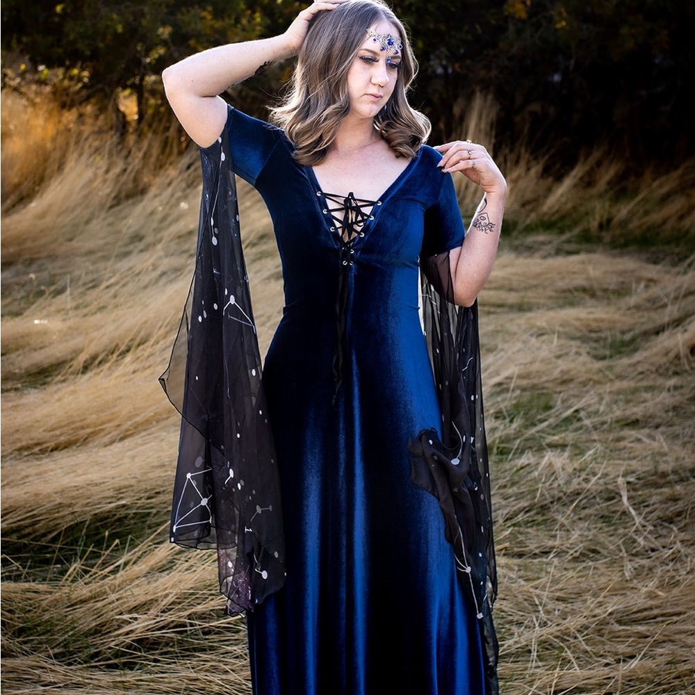 Costurero Real Spain Mystical Blue Velvet Maxi Dress with Sheer Black Sleeves